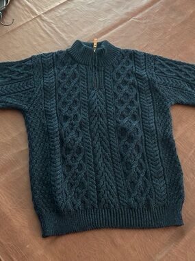 Aran Crafts Blue & Green Cable Zip-Up Mock Neck Sweater
